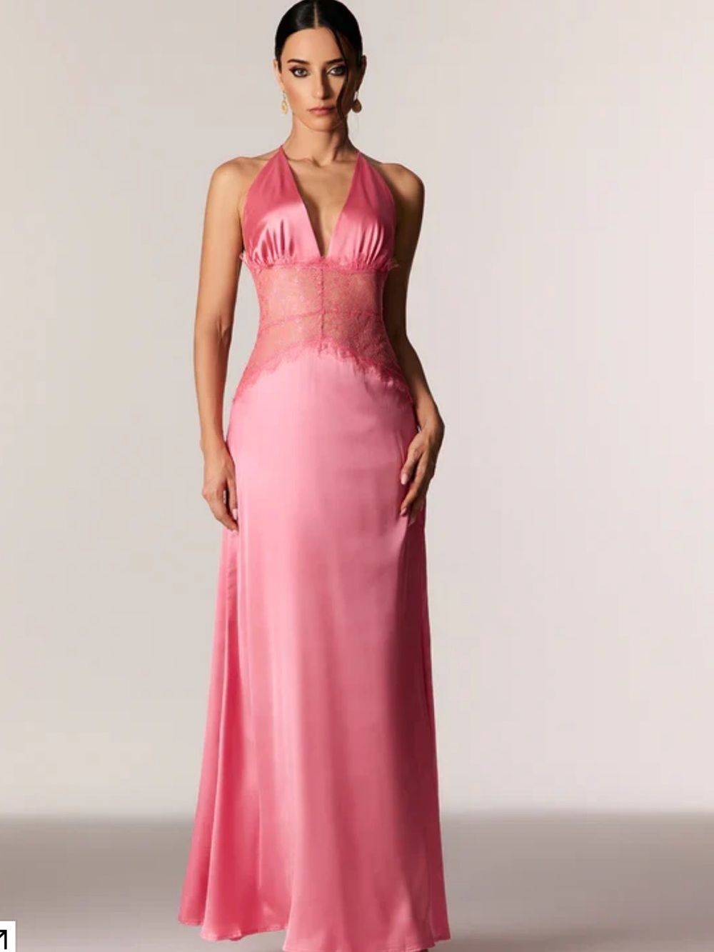 Halter Pink Lace-Accented Evening Gown